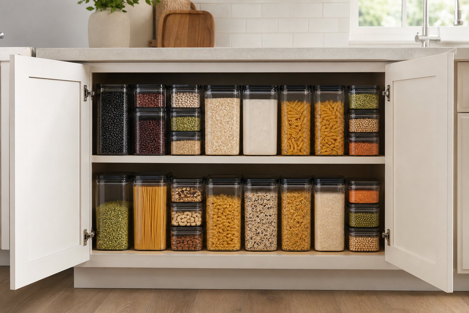 How to Organize Low Pantry Cabinets With Stack-Friendly Square Glass Jars