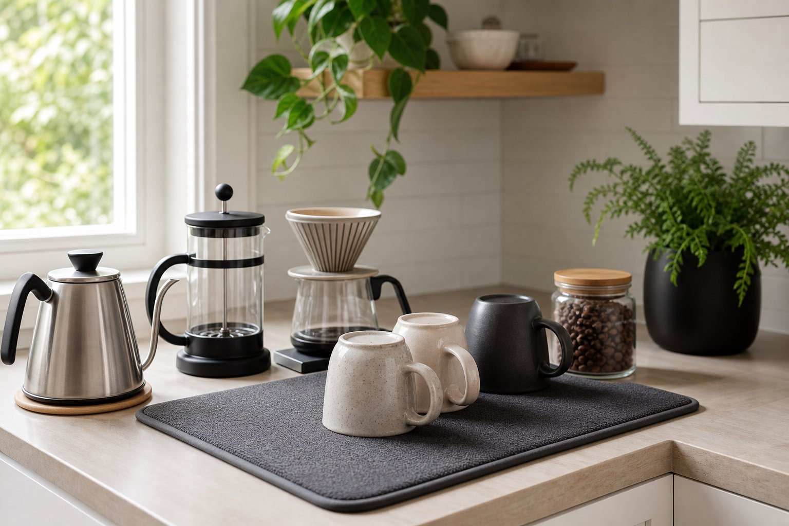How to Set Up a Coffee Station With a Stone Drying Mat for Mugs and Brewing Tools