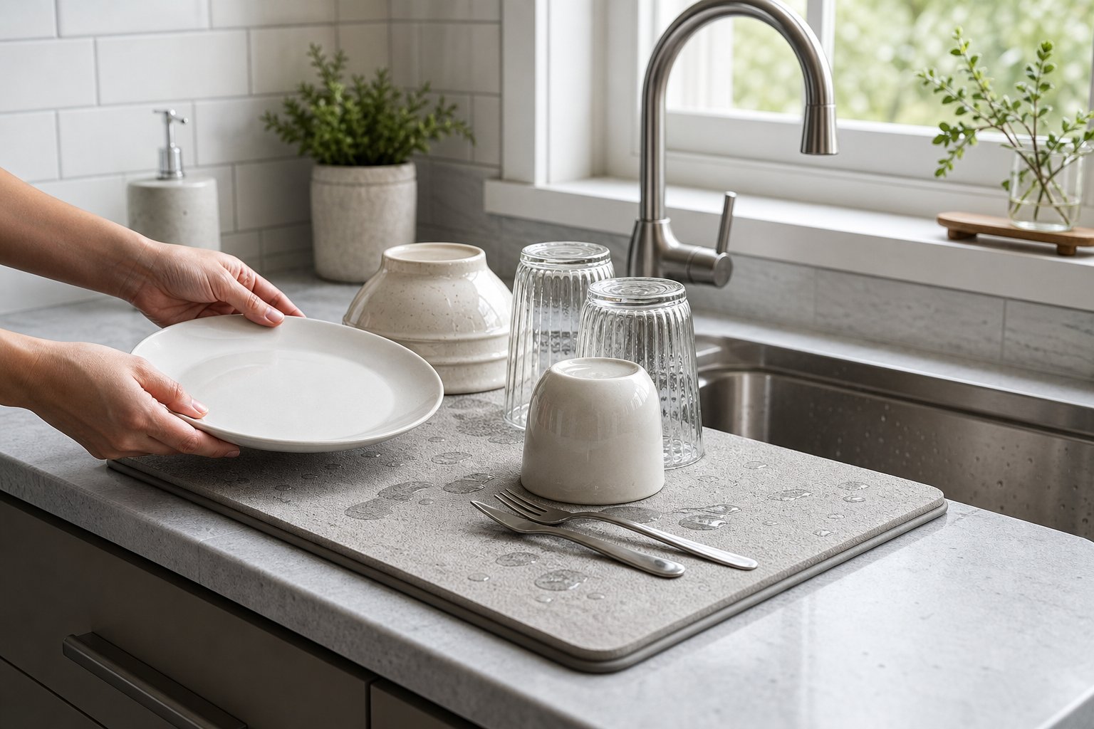 How to Keep the Sink Area Drier With a Stone Drying Mat During Daily Dishwashing