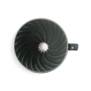 HARIO V60-02 Ceramic Dripper top view showing dark gray porcelain with spiral ridges and center hole