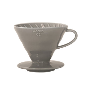 HARIO V60-02 Ceramic Dripper in gray porcelain with handle and ridged inner cone for coffee brewing