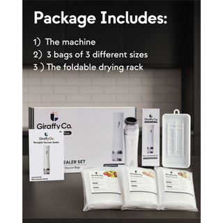Vacuum Sealer Machine Set + 10 Reusable Vacuum Bags + Foldable Drying Rack | Giraffy Co.