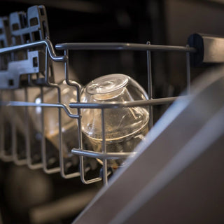 KRUVE PROPEL Espresso Glasses (75ml/2.5oz) (2-Pack) inside dishwasher rack showing dishwasher safe feature