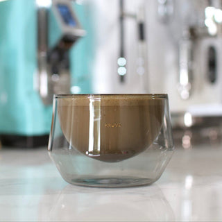 KRUVE IMAGINE Glasses (2-Pack) double-walled borosilicate glass cup with brown coffee and logo visible