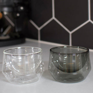 KRUVE IMAGINE Glasses (2-Pack) showing clear and smoky hand-blown borosilicate glass with double-wall design