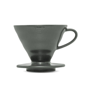 HARIO V60-02 Ceramic Dripper in dark matte finish with ergonomic handle and smooth porcelain texture