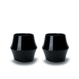 KRUVE CASCADE Porcelain Espresso Glasses (2-Pack) in glossy black with curved, stackable design