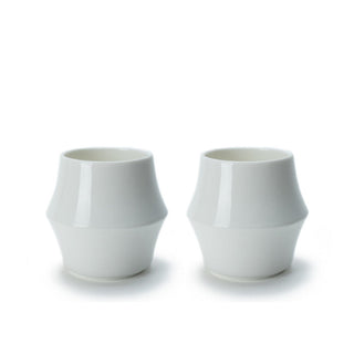 KRUVE CASCADE Porcelain Espresso Glasses (2-Pack) with smooth white double-walled design side by side
